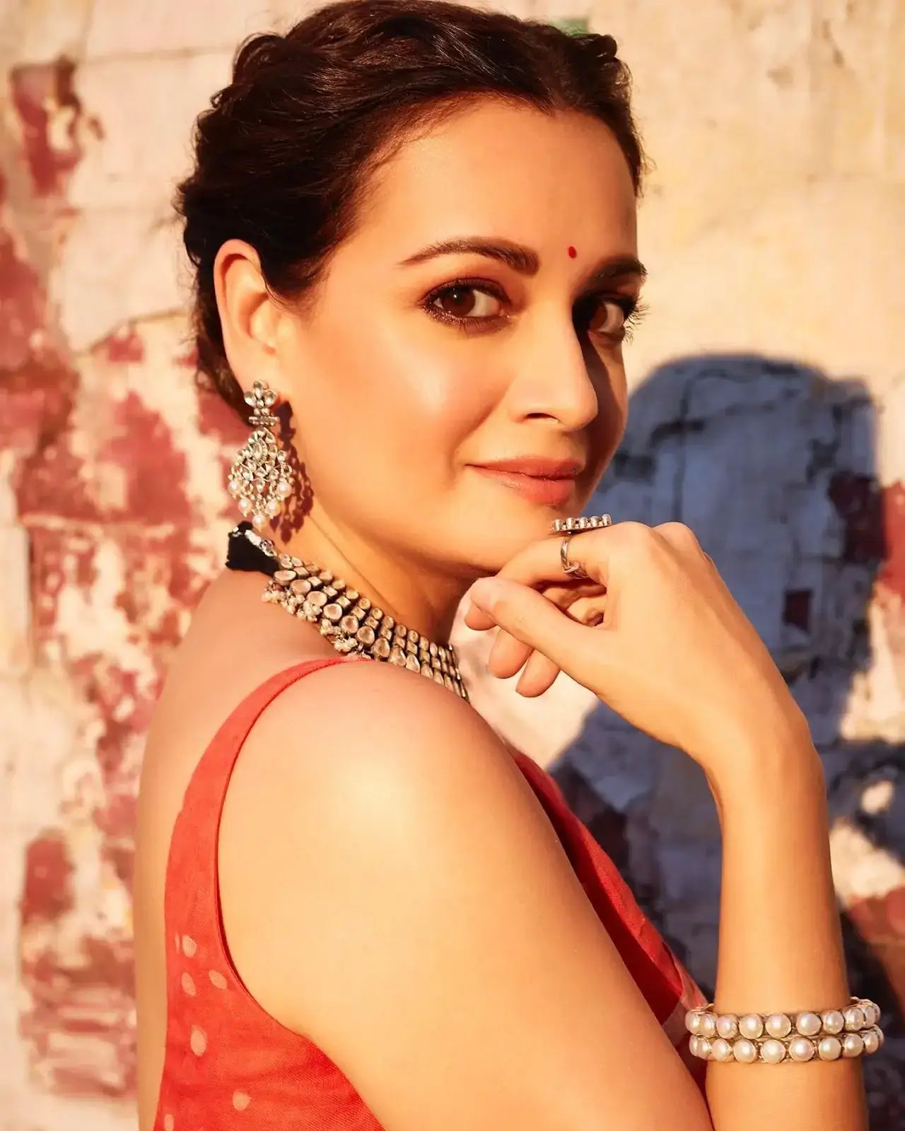 Indian Actress Dia Mirza Images In Traditional Red Saree